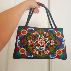 Embroidered Black Floral Handbag